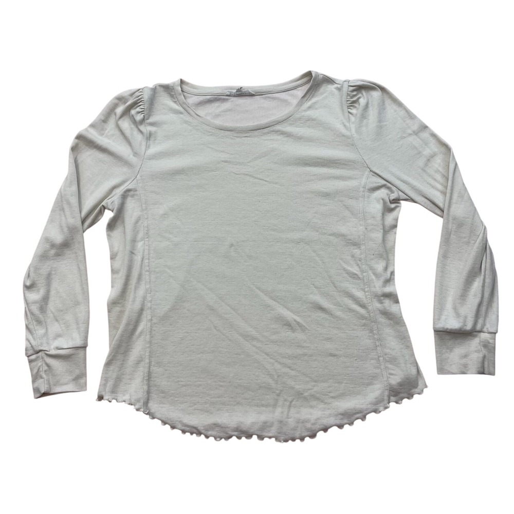 Jane + Delancey Anthro White Ribbed Puff Sleeve Lettuce Hem Top XL